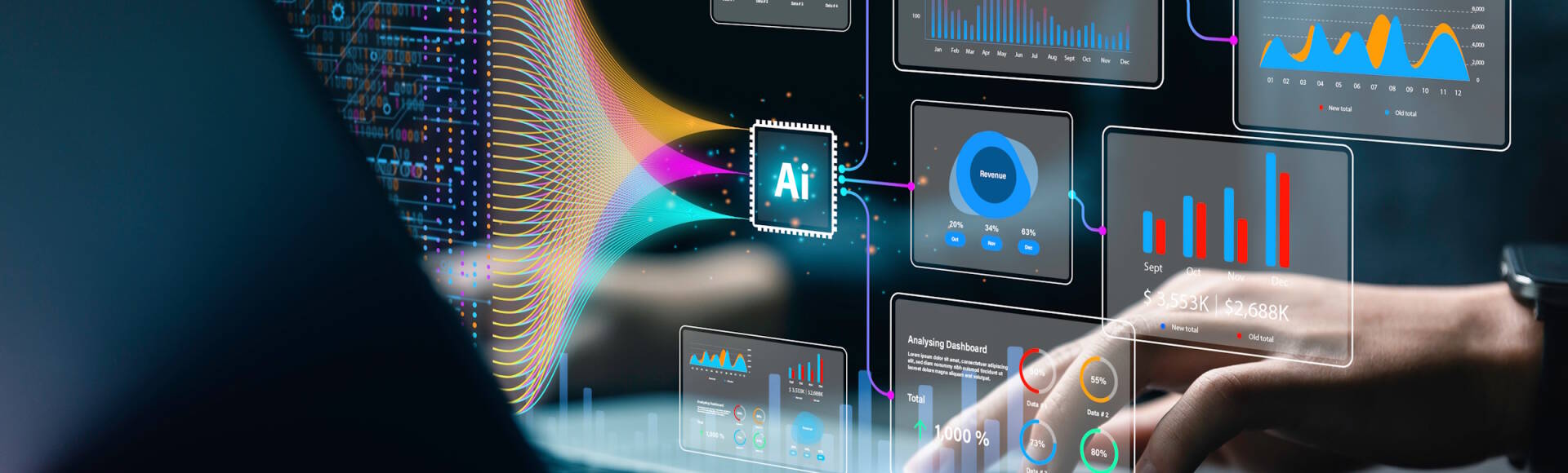 Data analysis science and big data with AI technology. Analyst uses a computer and dashboard for analysis of information on complex data sets on computer.