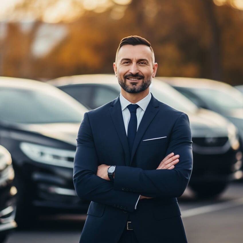 A group of business professionals posing together in front of their corporate fleet, Business car, blurred background