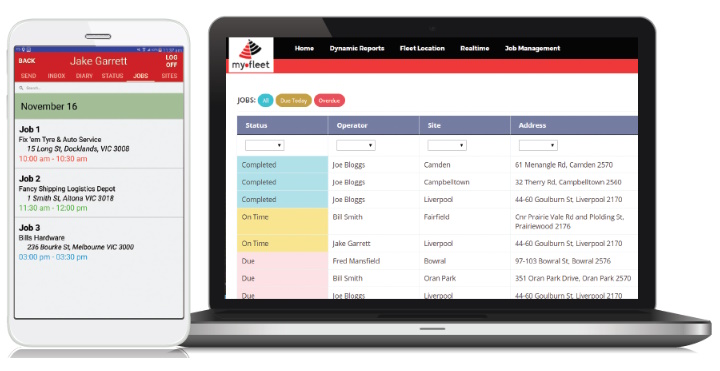 A mobile phone next to a laptop, showing how Jobs are managed in the MyFleet application