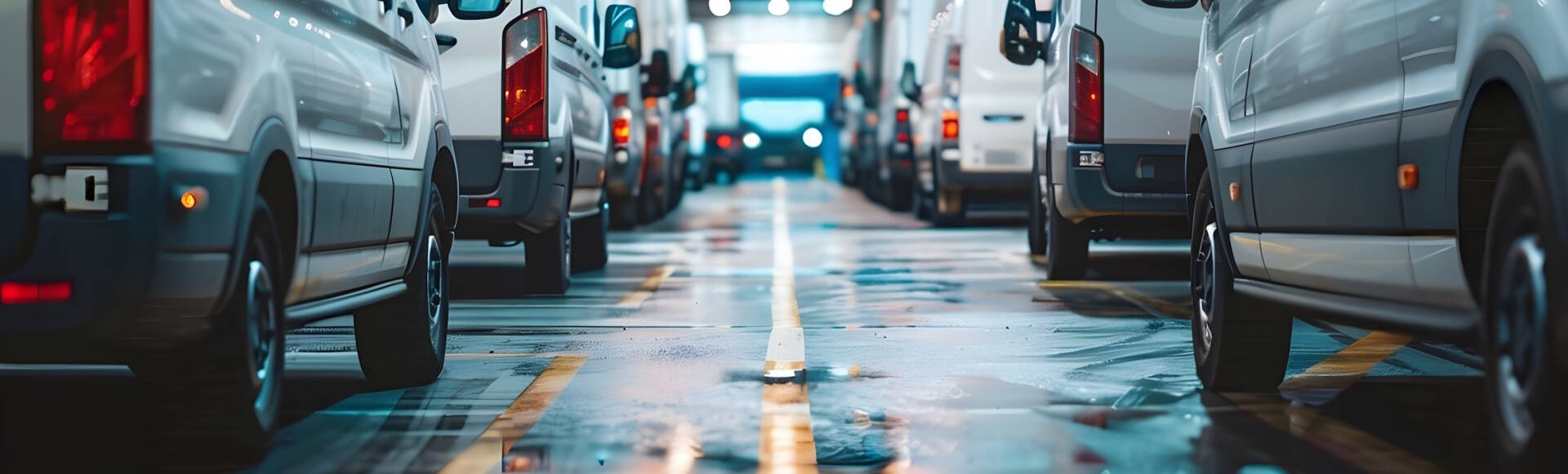 A fleet of white vans and trucks all parked in the same direction