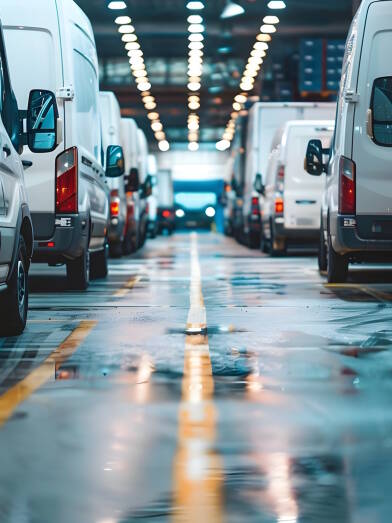 A fleet of white vans and trucks all parked in the same direction