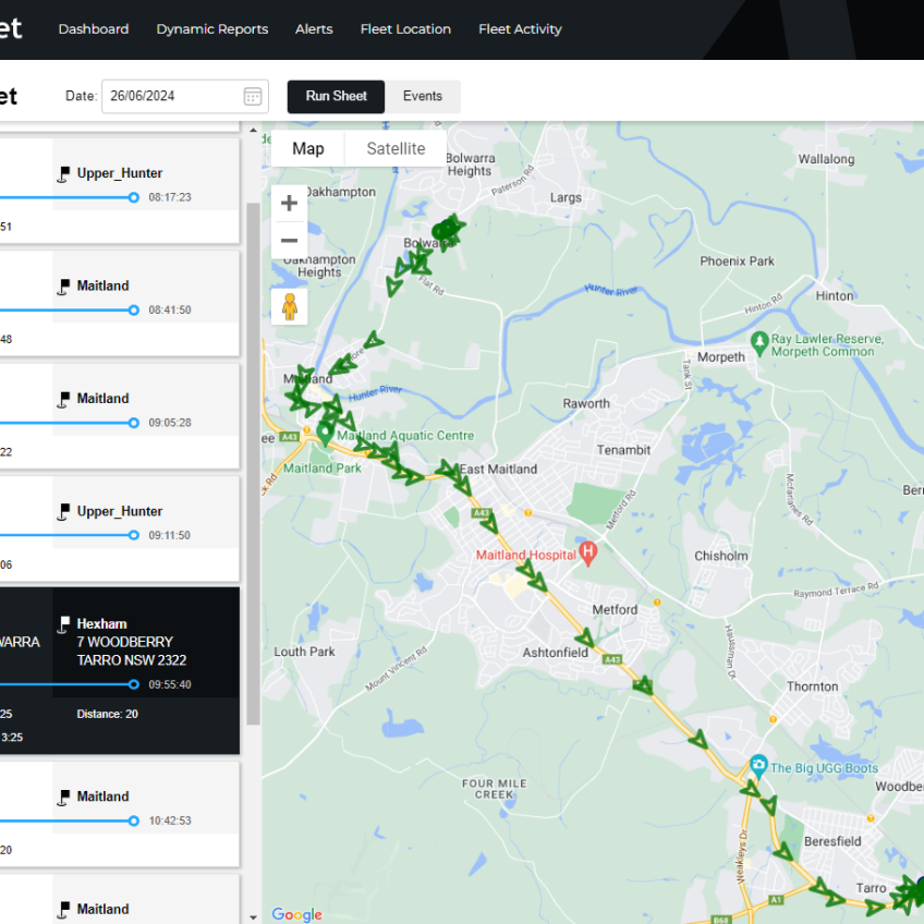 A map showing all the trips completed by a vehicle, highlighting a trip with map markers showing the entire journey