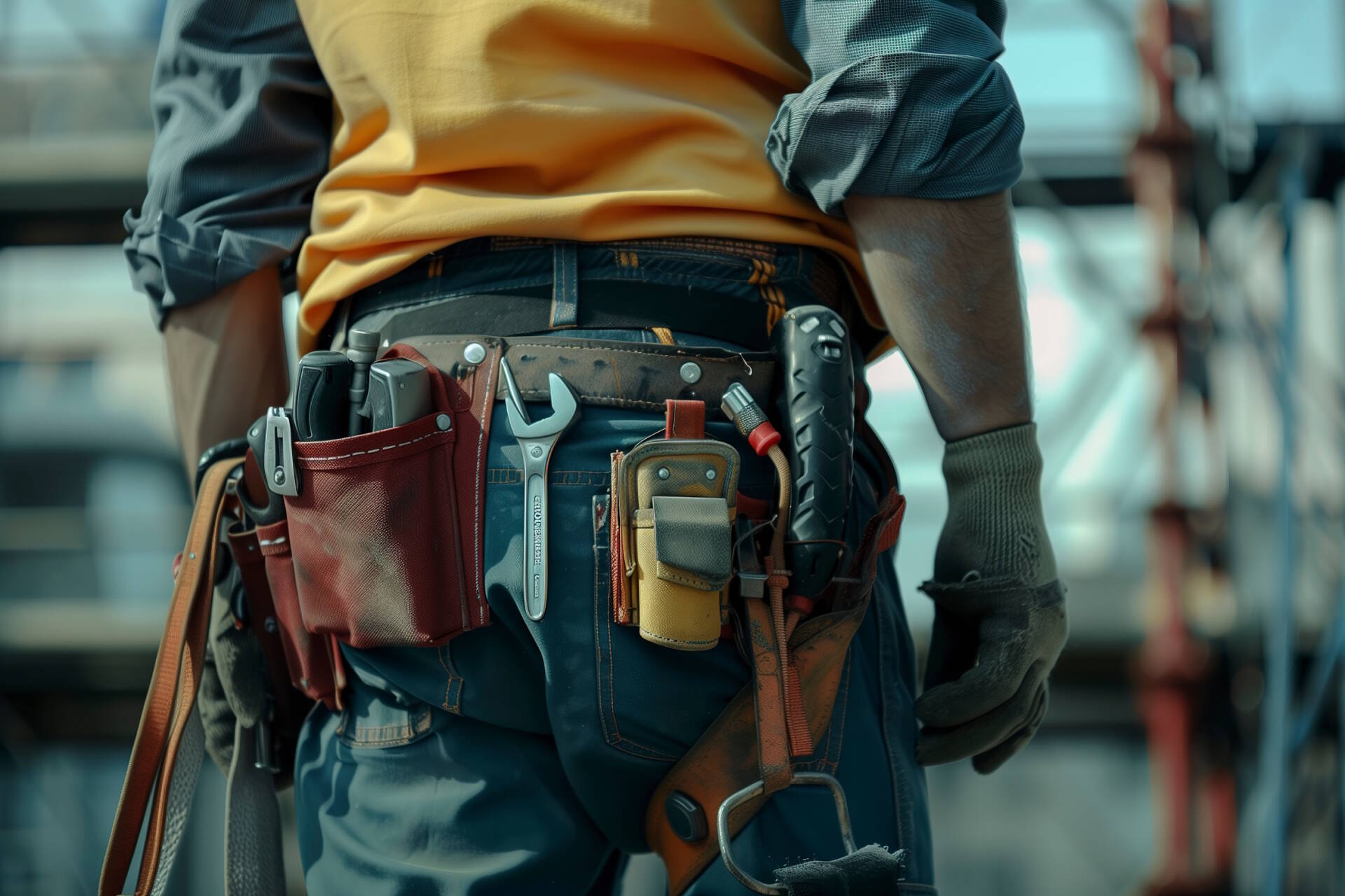 A man in a yellow shirt and blue jeans holding a tool belt in a close-up shot.