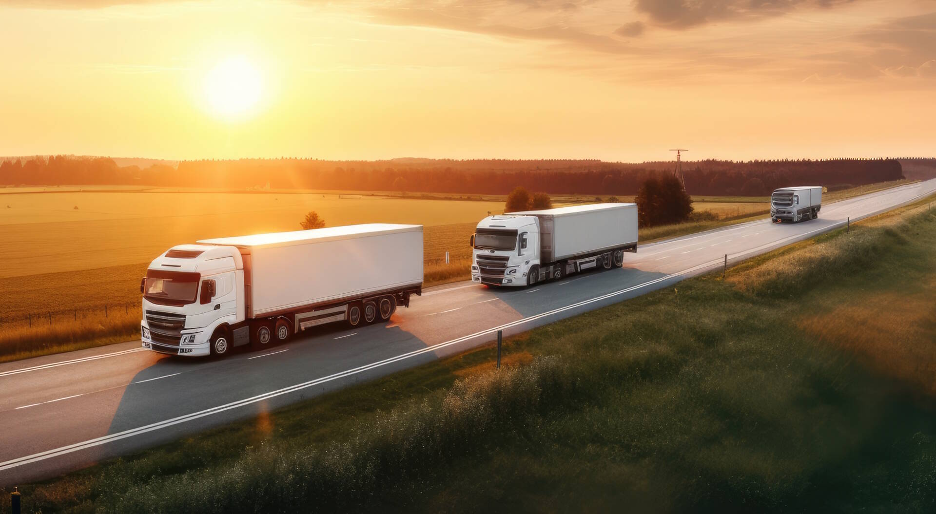 Delivery cargo trucks driving in motion on highway road in country field and sunset landscape