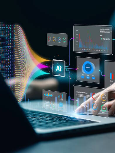 Data analysis science and big data with AI technology. Analyst uses a computer and dashboard for analysis of information on complex data sets on computer.