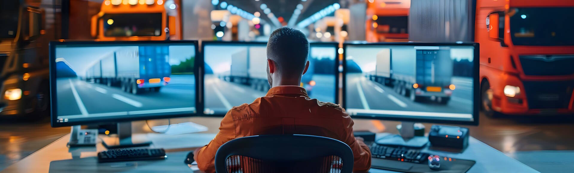 A person using multiple monitors, utilising technology to efficiently monitor a fleet of trucks