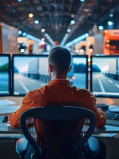 A person using multiple monitors, utilising technology to efficiently monitor a fleet of trucks