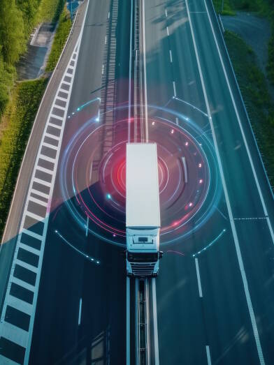 Aerial view of a truck driving on a highway with traffic sensors scanning surroundings.