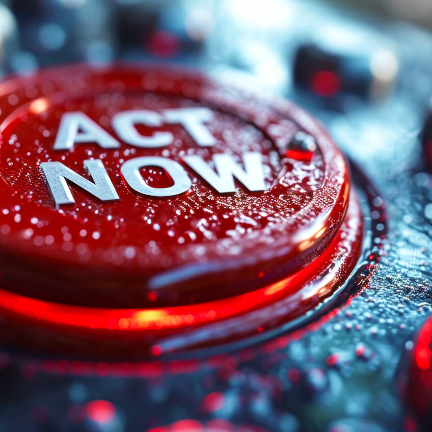 A 3D rendered red button with the words ACT NOW symbolizes urgency, immediate action, response, and the importance of taking swift decisive steps