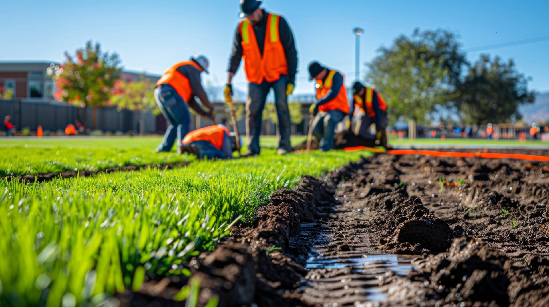 Team of council workers meticulously installing new grass in a public park