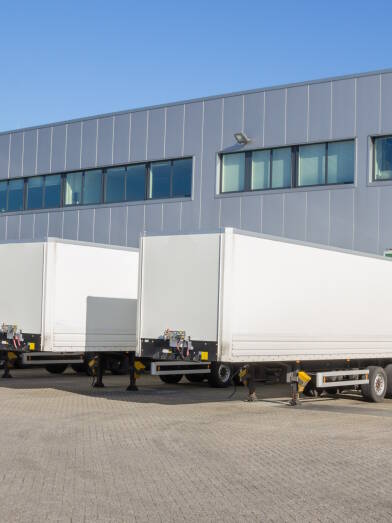 Distribution centre with trailers waiting to be loaded