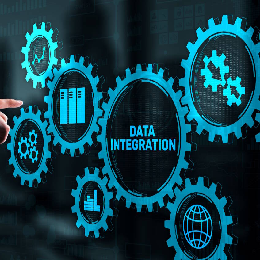 A series of cogs representing various stages of data storage, integration, visualisation and interaction